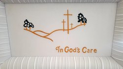 Head Panel with embroidered Landscape, Crosses and Lettering
